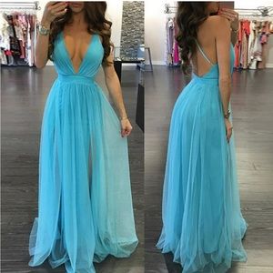 Womens Deep V Detail Sheer Long Dress - Turquoise